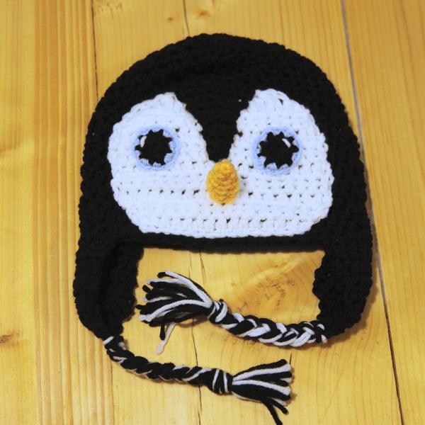 Crochet penguin hat, toddler, child, adult sizes