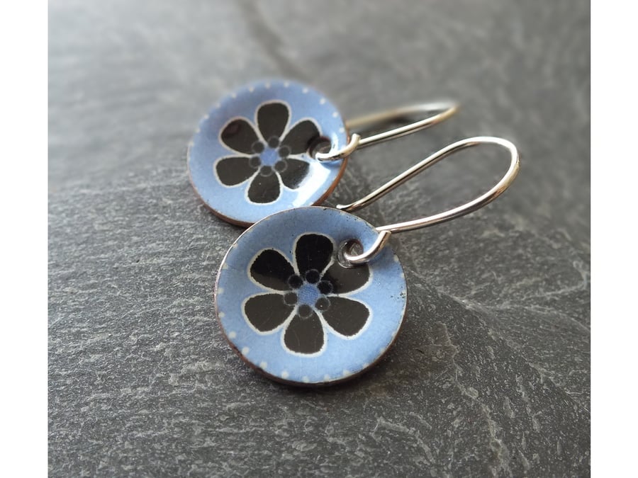 Enamelled blue and black flower earrings