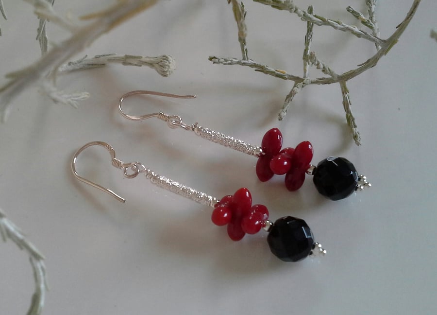 Eco Coral & Black Onyx Sterling Silver earrings