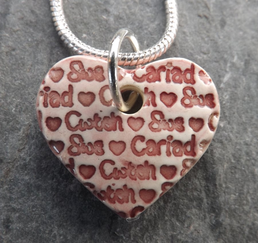 Calon Cariad - Cwtsh - Sws Ceramic Heart Pendant