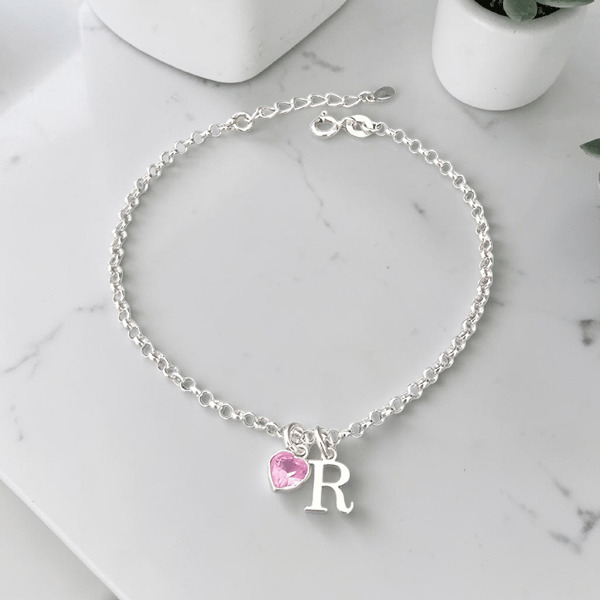 Sterling Silver Personalised Initial and Birthstone Bracelet Adjustable Bracelet