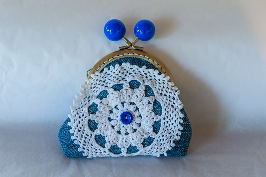 Denim and Doily Kiss Lock Fastening Coin Purse made from Upcycled fabric