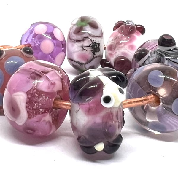 Handmade Lampwork Glass Beads – Purple, Lavender & Plum Focal Set of 9