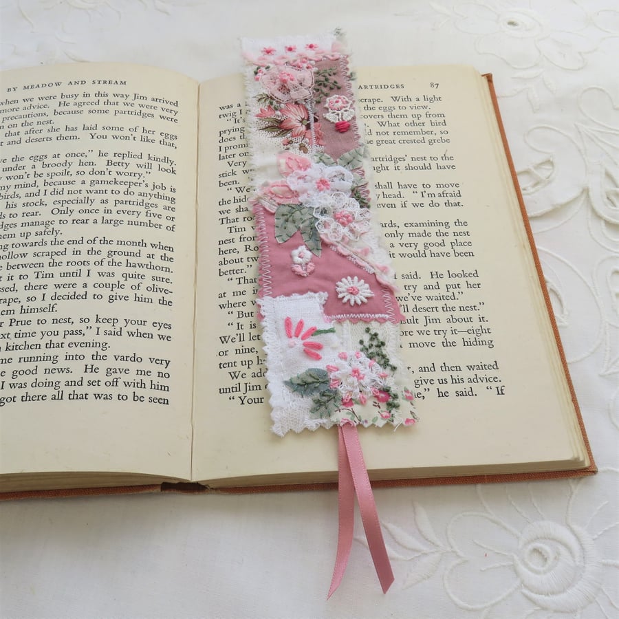 Patchwork Bookmark - Pink and white from a portion of snippet roll