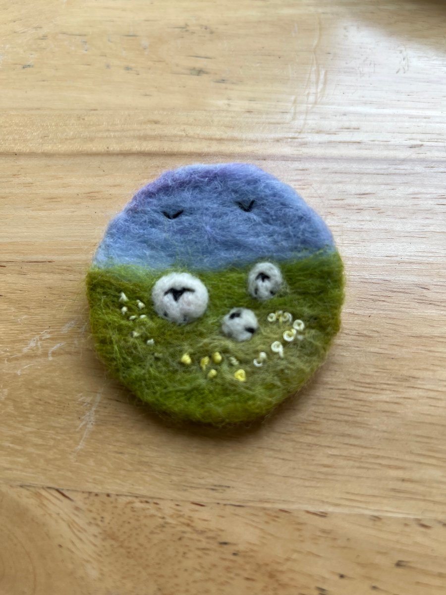 Sheep on the hills needle felted brooch