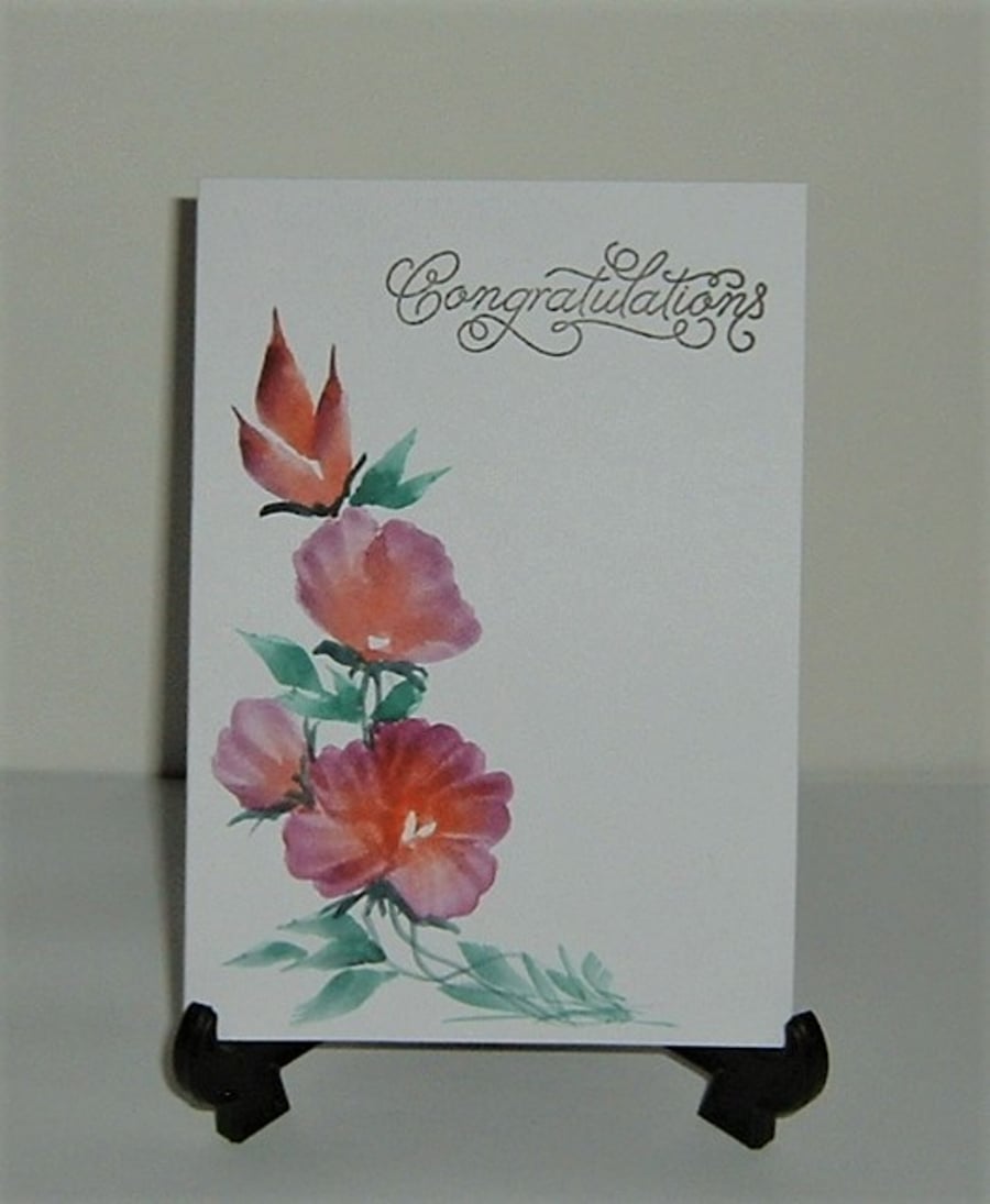 hand painted floral Congratulations greetings card original ( ref F 893 )