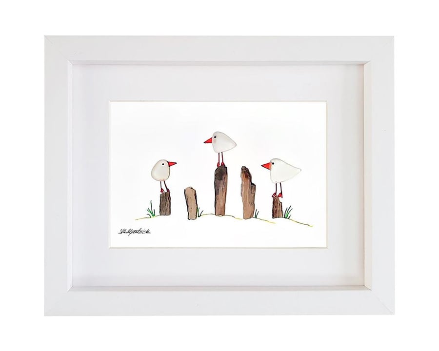 Seagulls - Sea Glass & Pebble Picture Framed Unique Handmade Art