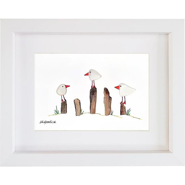 Seagulls - Sea Glass & Pebble Picture Framed Unique Handmade Art