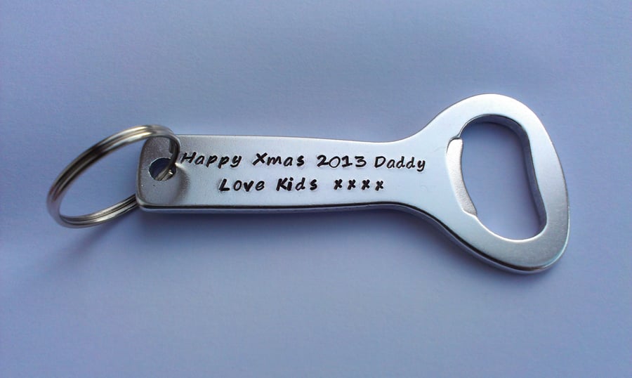 Hand stamped personalised bottle opener keyring