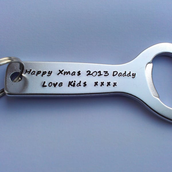 Hand stamped personalised bottle opener keyring