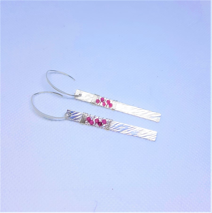 Pink Tourmaline Wire Wrapped Sterling Silver Bar Earrings