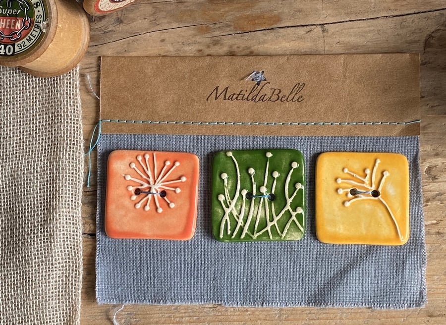 Square Buttons Handmade Botanical set of 3 Buttons