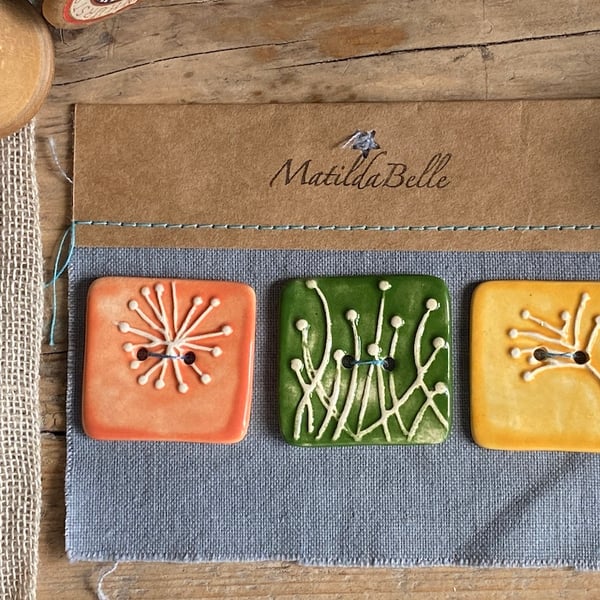 Square Buttons Handmade Botanical set of 3 Buttons