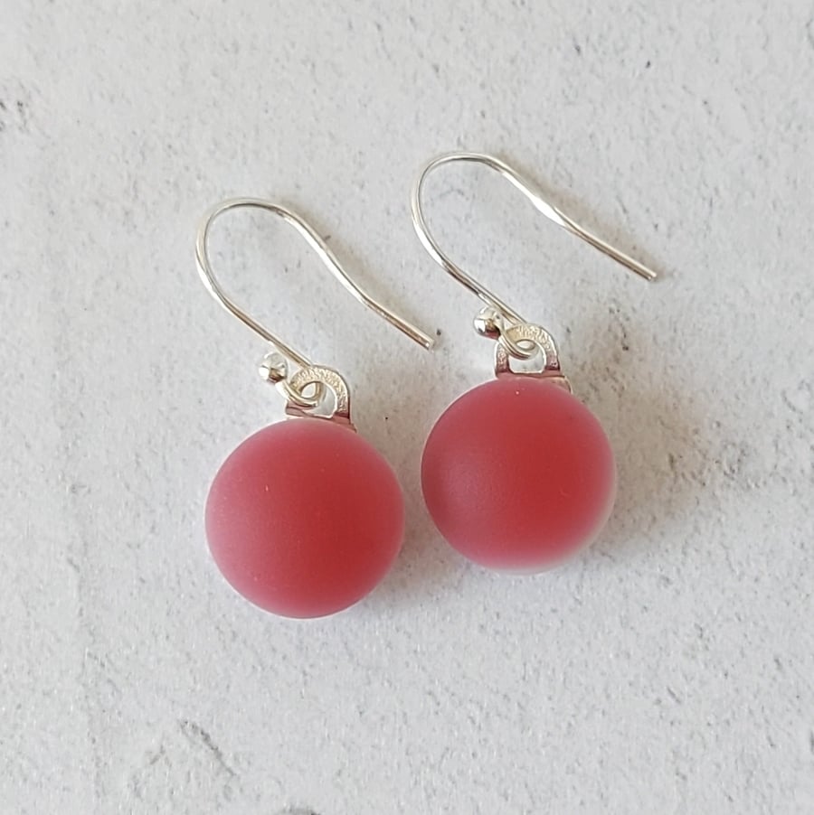 Raspberry Pink drop earrings, fused glass, sterling silver earwires
