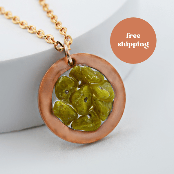 Peridot Copper Geode Pendant - Free Postage