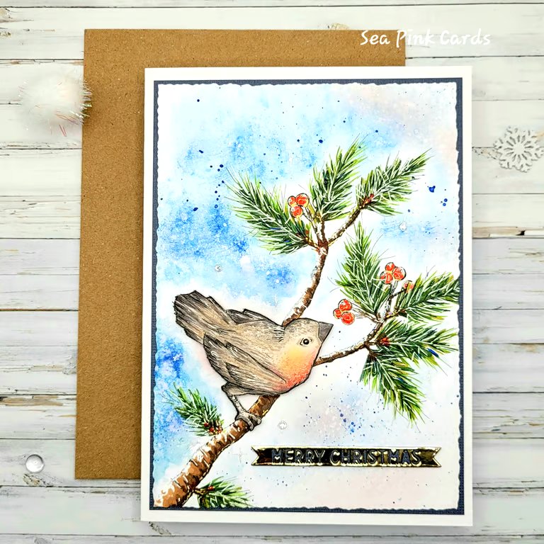  Christmas Card - Robin and Pine 3D card, one-of-a-kind, decoupaged