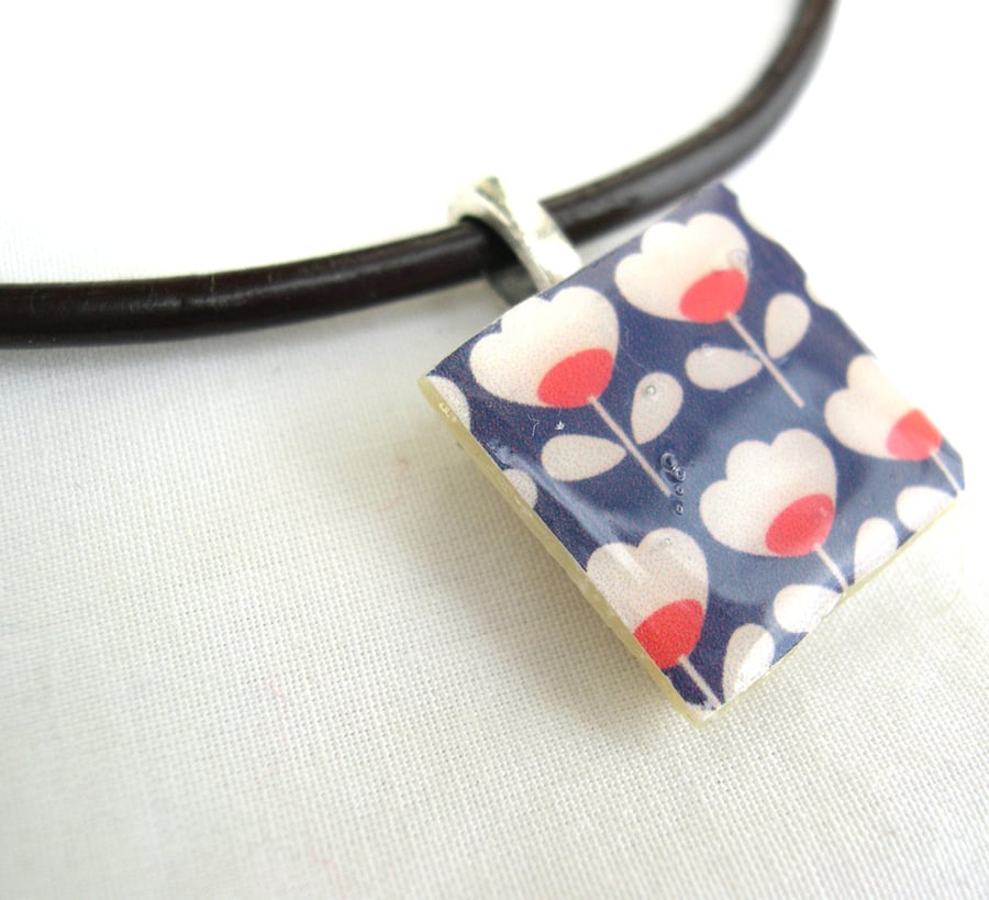 Leather and sterling silver Ceramic Tile Necklace Retro Resin Pendant