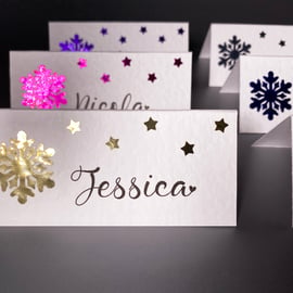 6 x personalised NAME place CARDS Christmas snowflake Wedding table setting