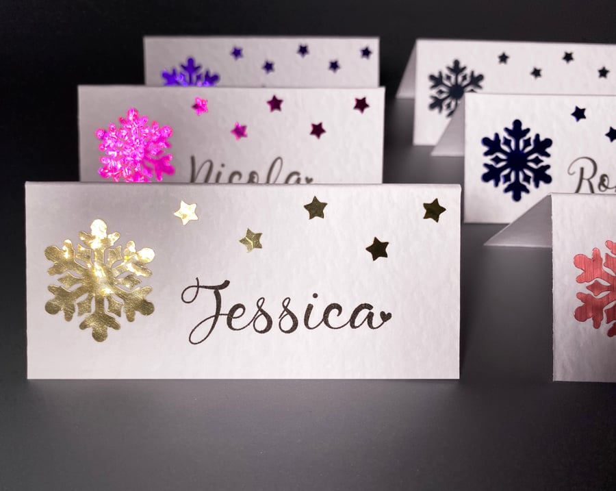 6 x personalised NAME place CARDS Christmas snowflake Wedding table setting