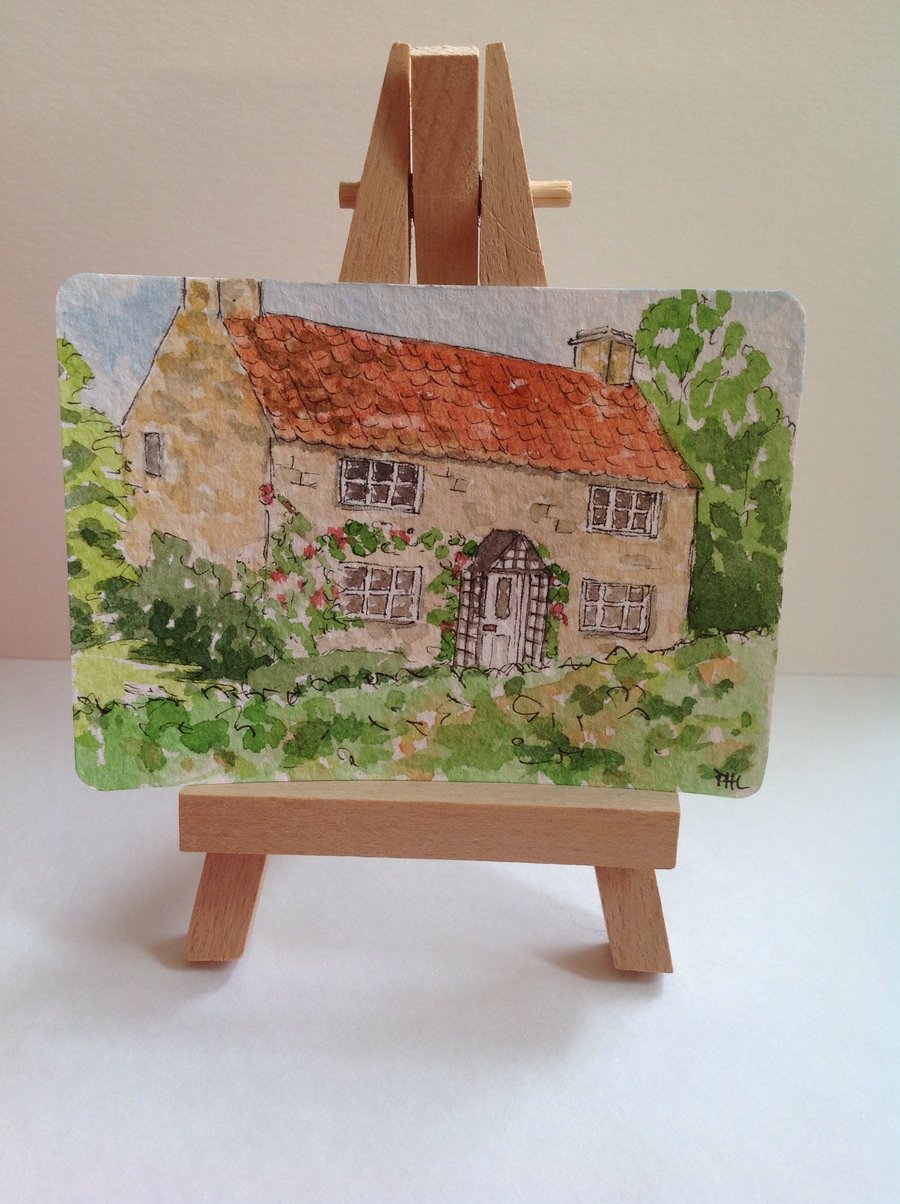 ACEO original watercolour pen and wash sketch 'A Yorkshire Cottage '
