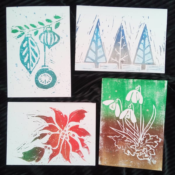 Hand Cut Lino Print Christmas Cards - Mixed Design Pack