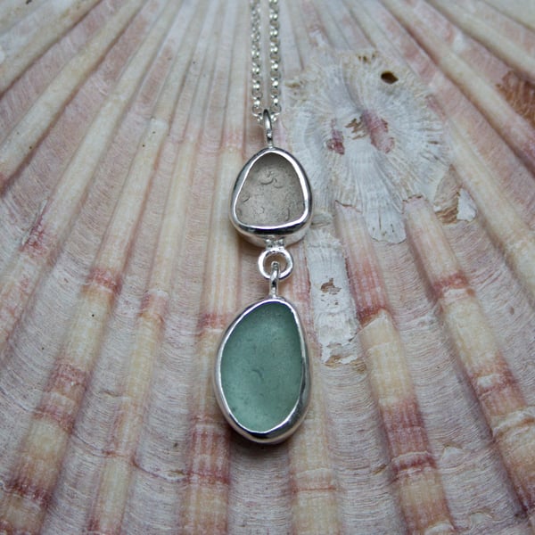 Double Drop White and Sea Foam Green Sea Glass and Silver Pendant