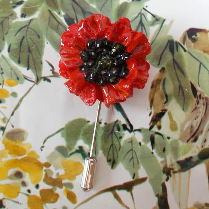 RED FIELD POPPY Flower PIN Remembrance Lapel Flower Brooch HANDMADE HAND PAINTED