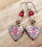 Heart Earrings, Ceramic Earrings, Czech Glass Earrings, Floral Earrings.