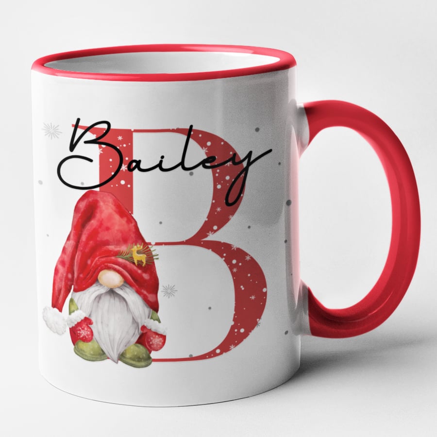 Personalised male Gonk Red Initial and Name Christmas Mug