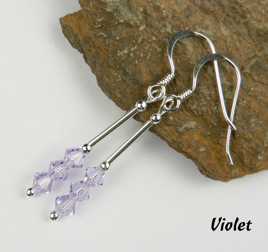 Violet Preciosa crystal drop earrings, sterling silver, 4mm, bicone