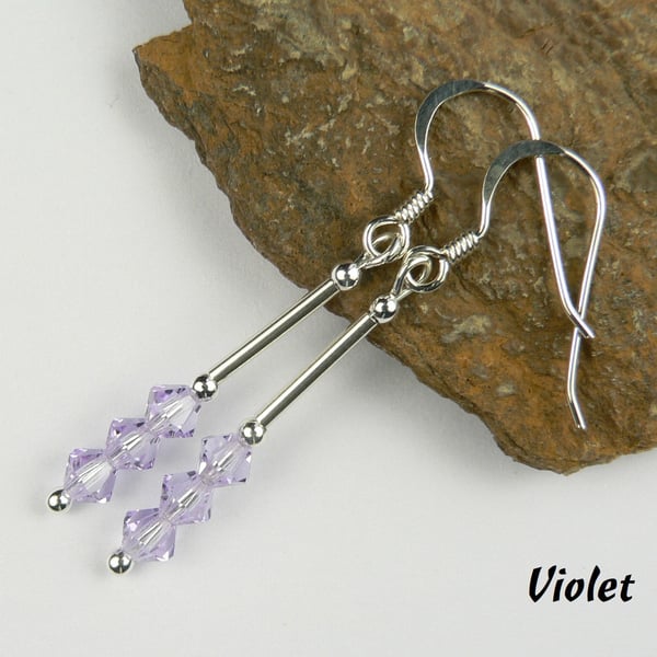 Violet Preciosa crystal drop earrings, sterling silver, 4mm, bicone