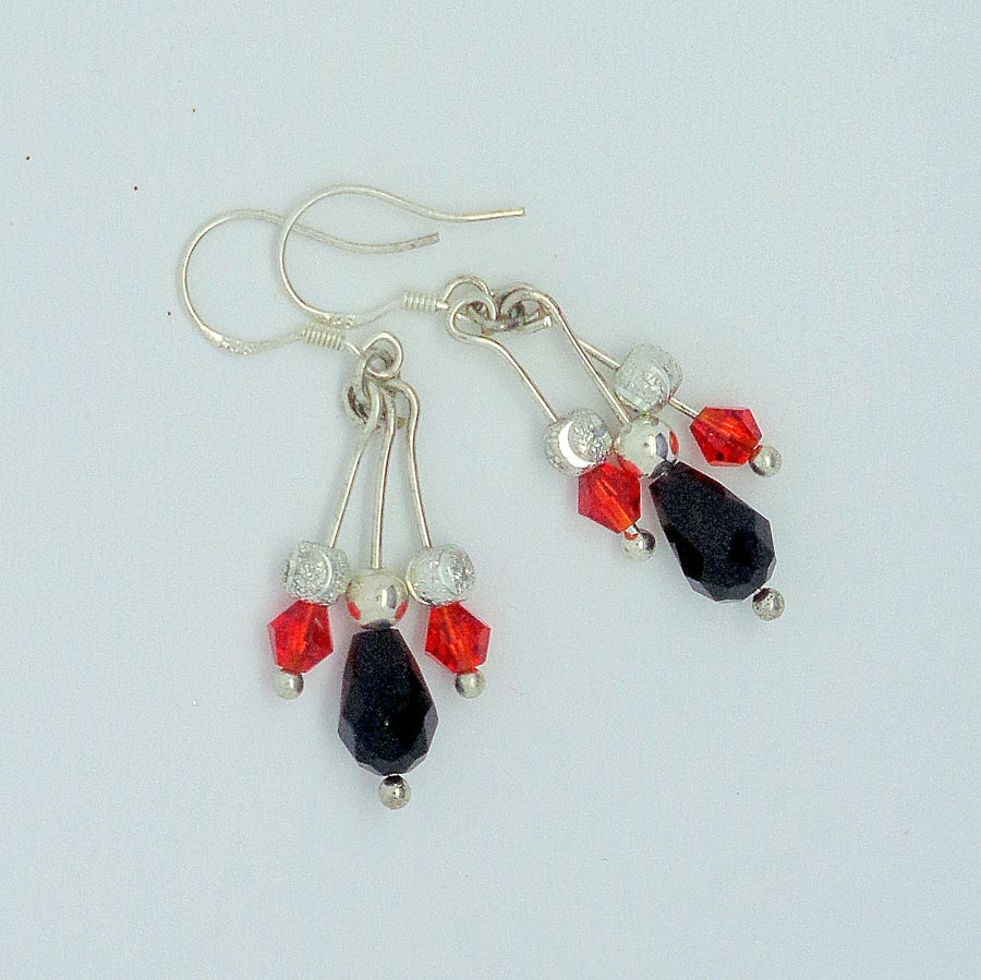 Sterling silver black and red crystal drop earrings