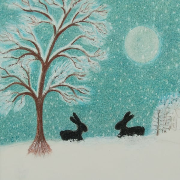 Rabbit Christmas Card, Snow Bunny Card, Two Black Rabbits Moon Tree, Art Card