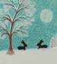 Rabbit Christmas Card, Snow Bunny Card, Two Black Rabbits Moon Tree, Art Card - Image 1