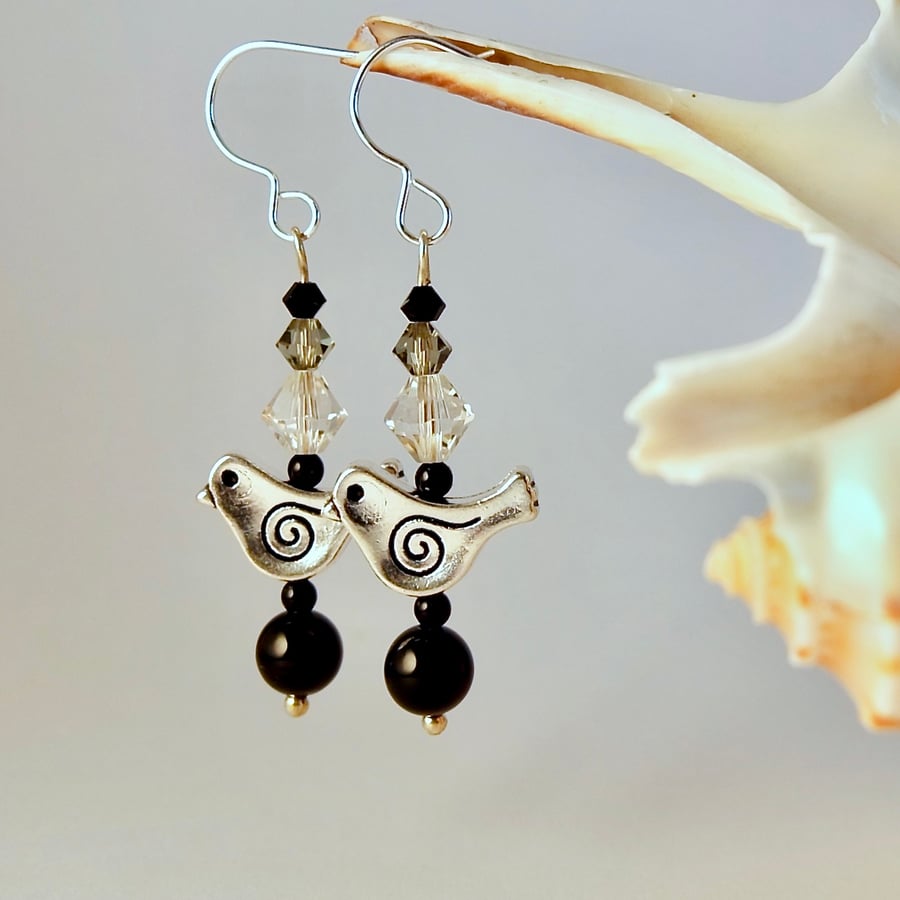 Tibetan Silver Bird Earrings With Onyx & Crystal, Mother's Day, Valentine Gift 