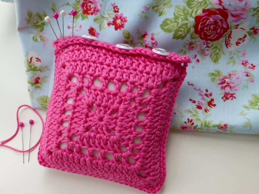 Pink Pincushion, crochet square pincushion, pin tidy, needlework gift