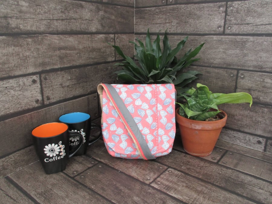 Upcycled Coffee Sack - Mini Shoulder Bag - Peach and grey pattern