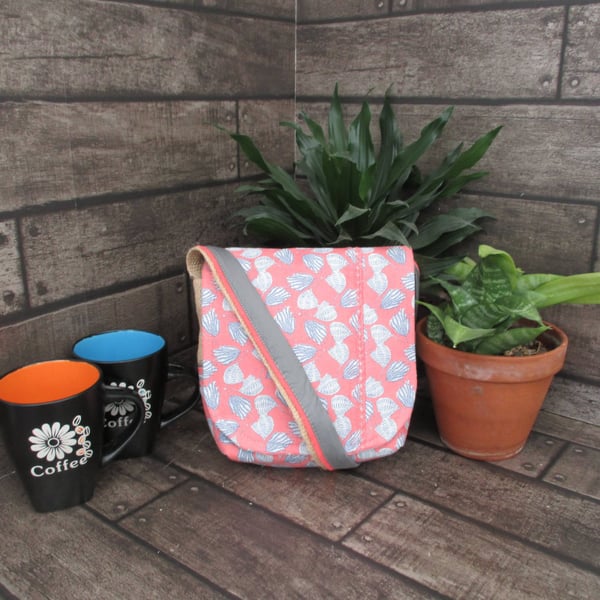 Upcycled Coffee Sack - Mini Shoulder Bag - Peach and grey pattern