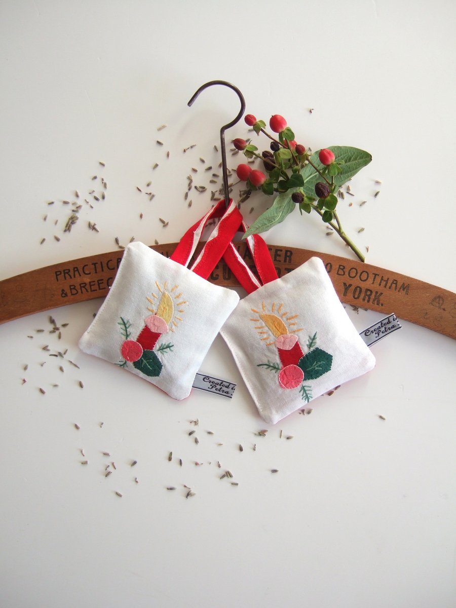 Pair of tiny christmas lavender bags made in a vintage Christmas tablecloth