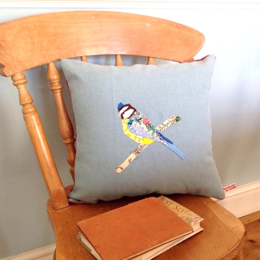 SALE Cushion, Hand Stitched Vintage Fabric Blue Tit Bird