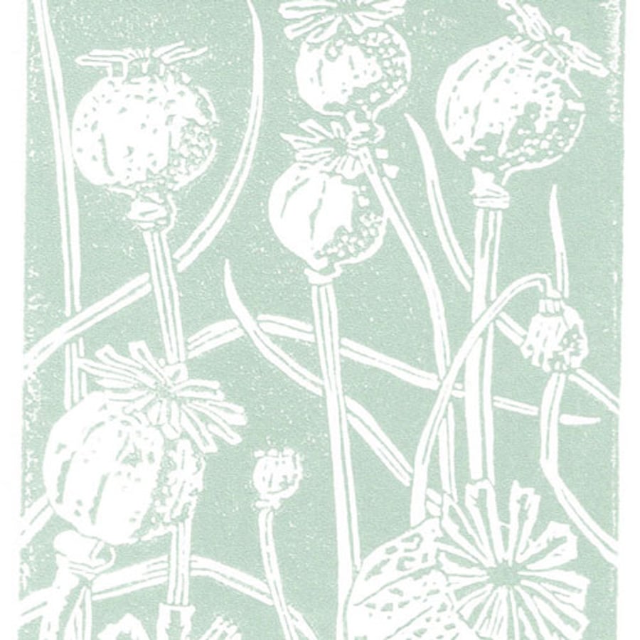 Poppy Seedhead in duck egg blue - Linocut Print