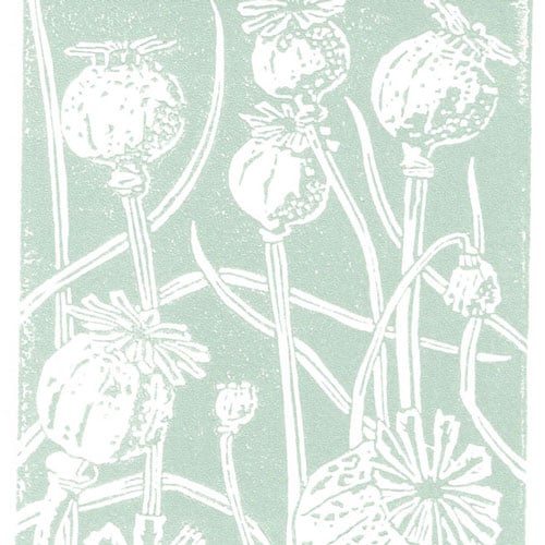 Poppy Seedhead in duck egg blue - Linocut Print