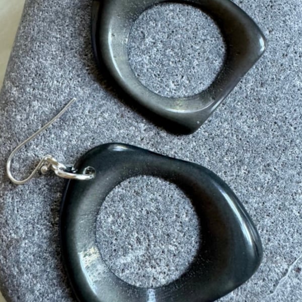 Large grey tagua nut handmade hoop earrings
