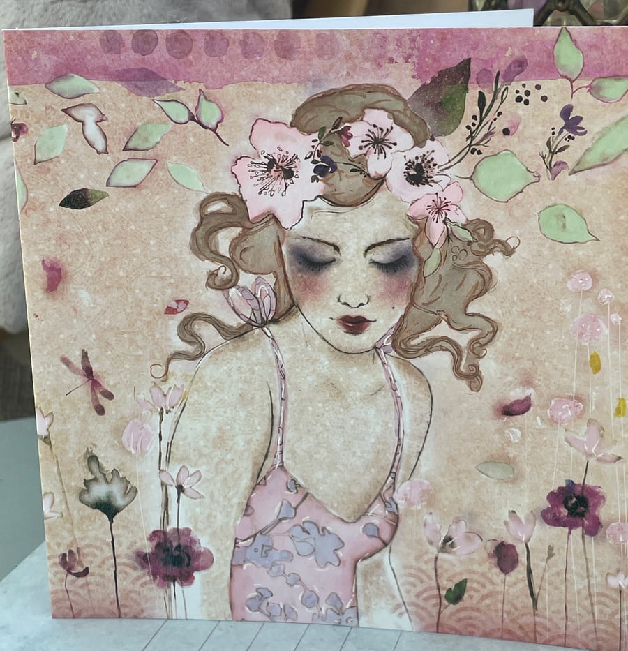 Girl with the wild curly hair blank greetings card