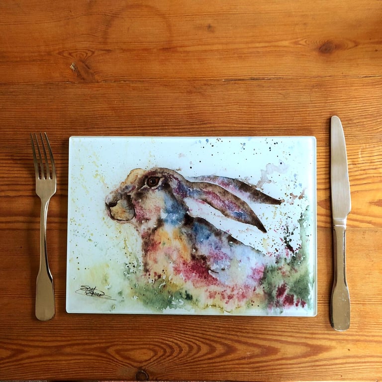 Bluebell Hare Glass Placemat, Wildlife Design Table Mat, Glass Trivet, Hot Plate