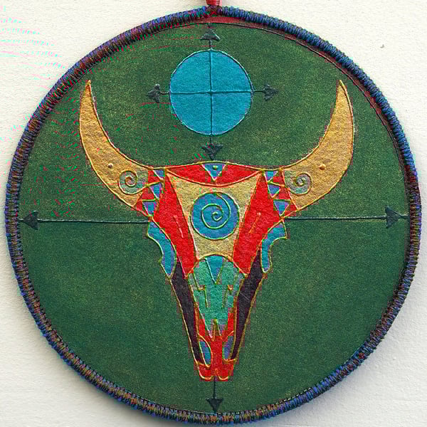 BTM009 - Buffalo Skull Totem Mandala-17.5cm diameter - Green-Black-Turquoise-Red