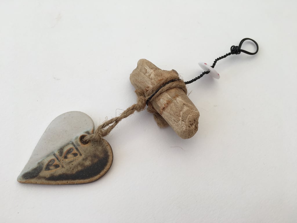 Clay Driftwood, Loveheart hanger, pottery, gift idea, birthday, home decor