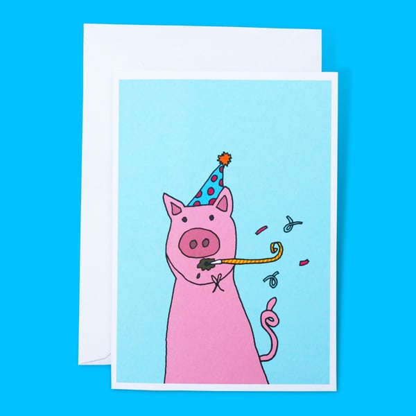 Pig Party Hat Illustration A6 Greetings Card