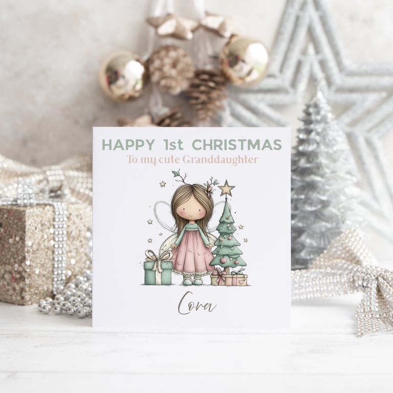 Personalised Christmas Card with cute fairy and christmas tree - 1st Christmas