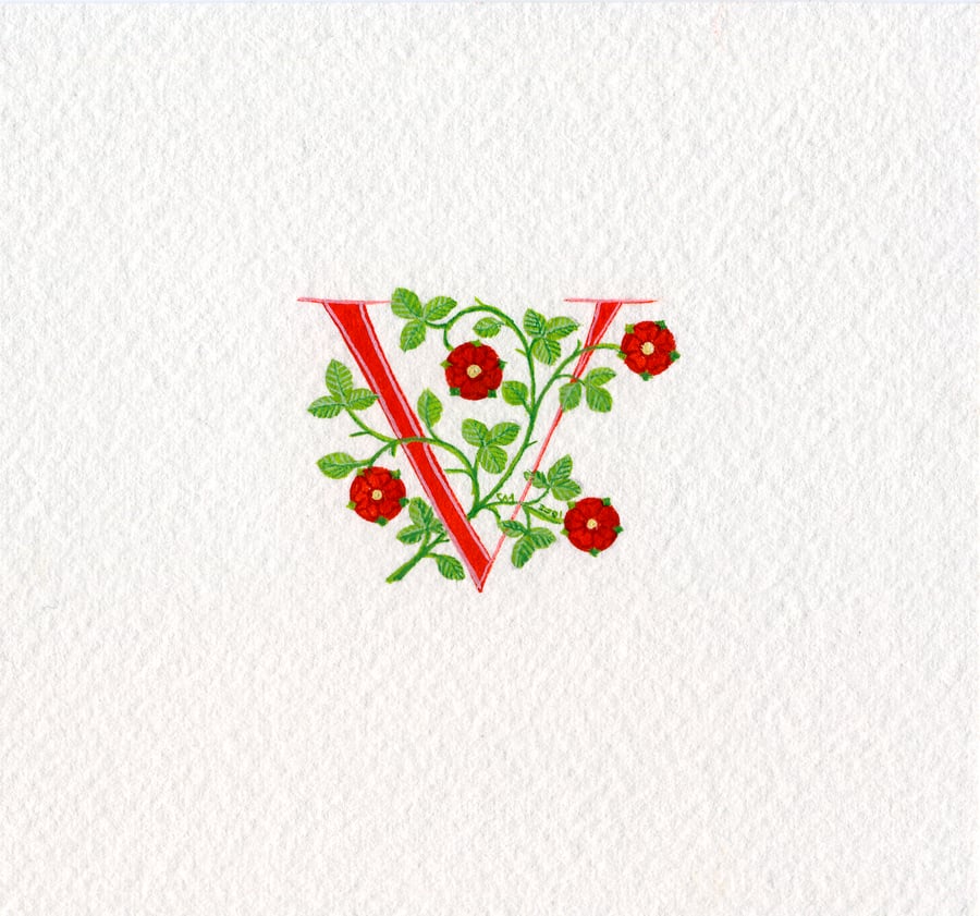Letter 'V' with heraldic roses custom letter handmade 